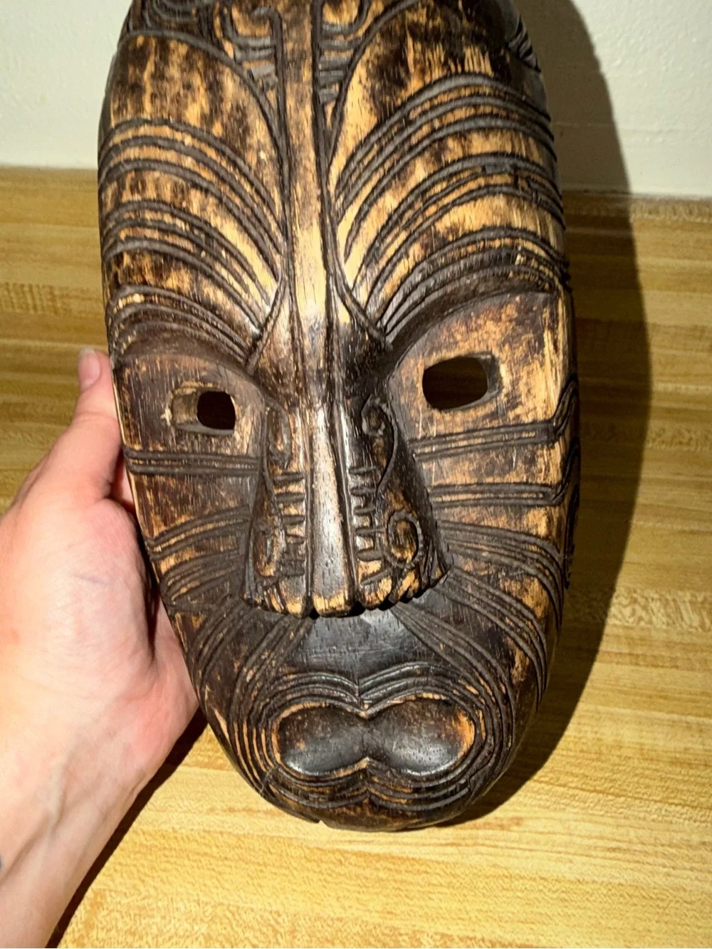 Hand Carved Wood Maori Upoko Head Artisan Wall‎ Decor NZ 10.5